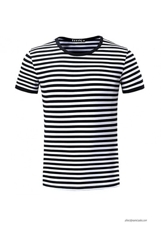 Ezsskj Men's Black and White Striped T Shirt Short Sleeve Crew Neck Tee Outfits Tops