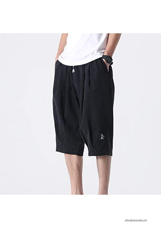 Men's Summer Casual Stretch Solid Short Pants Elastic Waist Pleat Shorts with Drawstring