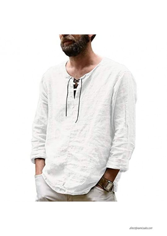 Hestenve Mens Casual V Neck Linen Shirts Long Sleeve Hippie Drawstring Lace-up Yoga Tops