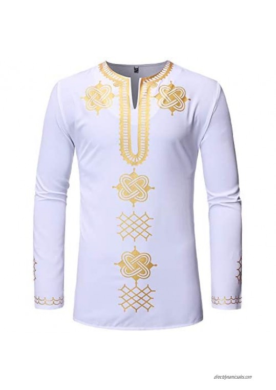 LucMatton Men's African Traditional Long Sleeve Dashiki Luxury Metallic Gold Printed Shirt
