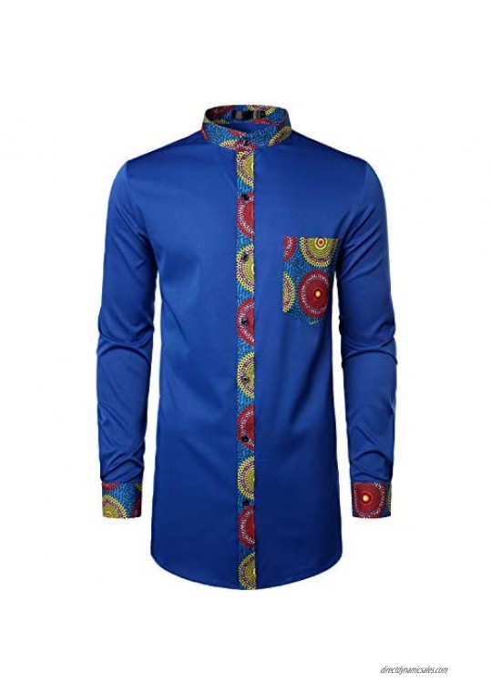 LucMatton Men's Stylish African Pattern Patchwork Design Long Sleeve Nehru Collar Elongated Dashiki Shirt