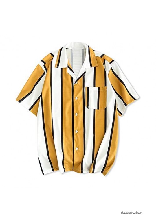 ZAFUL Men's Casual Color Block Stripes Print Short Sleeve Shirt Hawaiian Shirt