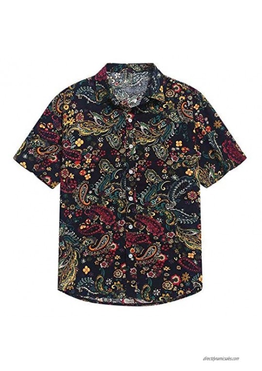 ZAFUL Men's Casual Ethnic Tribal Geometric Floral Paisley Print Short Sleeve Shirt