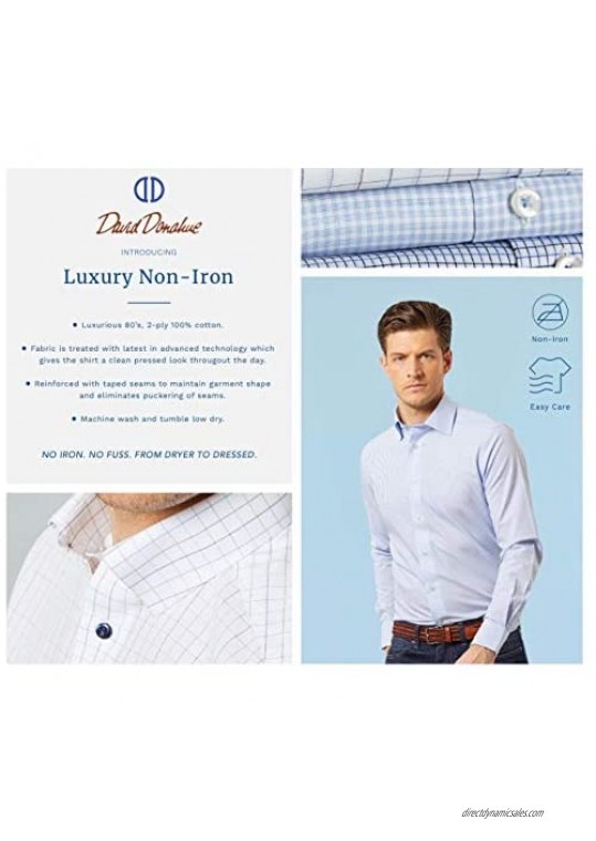 David Donahue Mens Trim Fit Long Sleeve Luxury Non Iron Dress Shirt White/Blue Fine Line Stripe