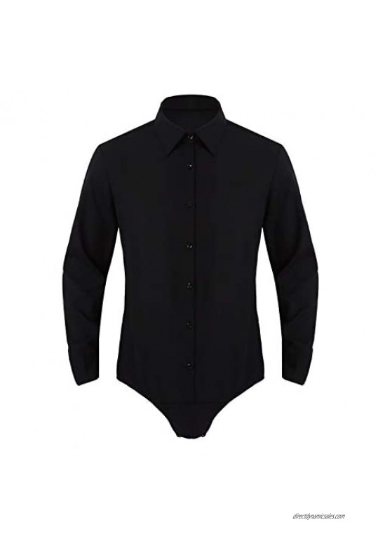 FEESHOW Mens One Piece Long Sleeves Turn-Down Collar Button Down Casual Bodysuit Dress Shirt Tops