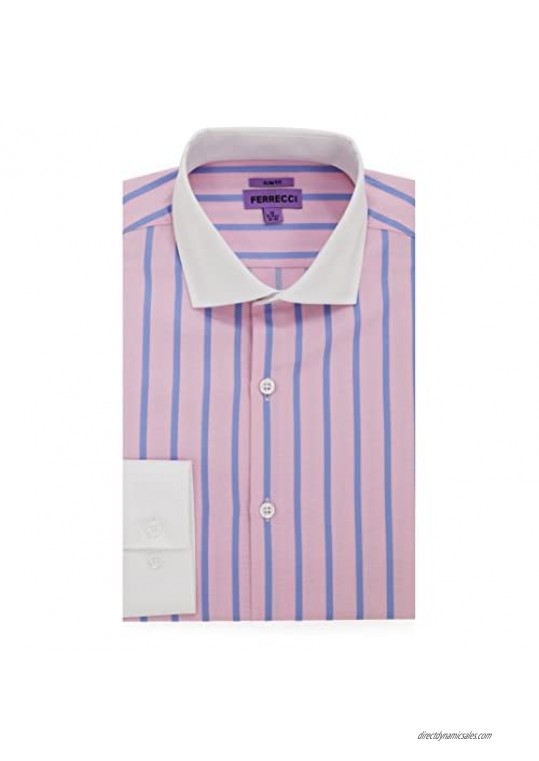 Ferrecci Men's Casual Two-Tone Striped Slim Fit Button Down Cotton Dress Shirt with White Collar and Cuff