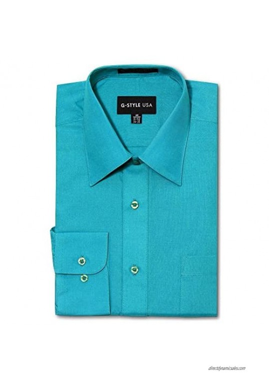 G-Style USA Men's Regular Fit Long Sleeve Solid Color Dress Shirts - Turquoise - Small - 32-33