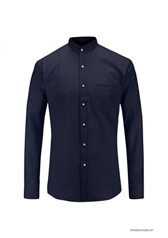 Jandukar Collarless Shirt for Men Long Sleeve Oxford Banded Collar Dress Shirt
