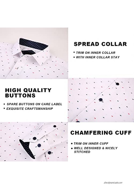 Joey CV Mens Printed Dress Shirts Long Sleeve Regular Fit Wrinkle Free Casual Button Down Shirt(White19340 XLarge)
