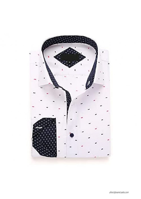 Joey CV Mens Printed Dress Shirts Long Sleeve Regular Fit Wrinkle Free Casual Button Down Shirt(White19340 XLarge)
