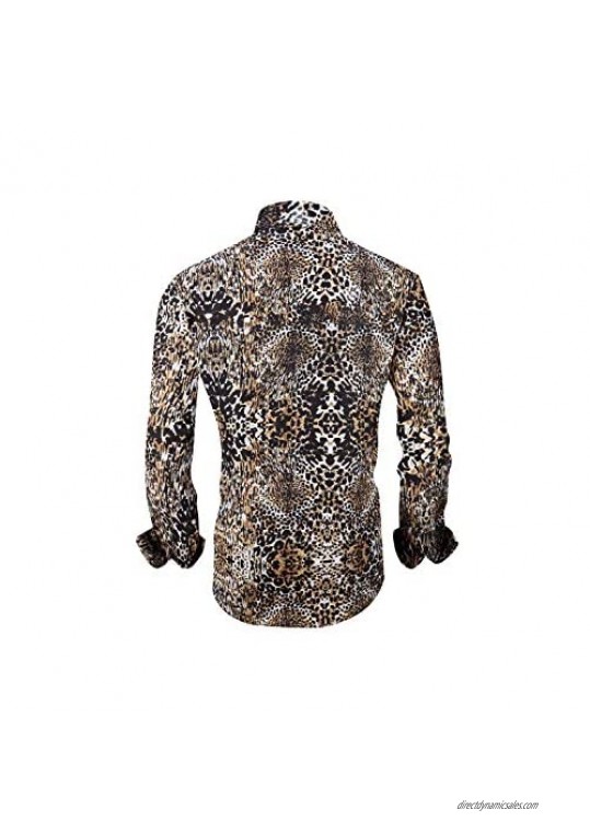 Mens Premiere Long Sleeve Button Down Designer Dress Shirt Brown Leopard Animal Print Design Untucked 117
