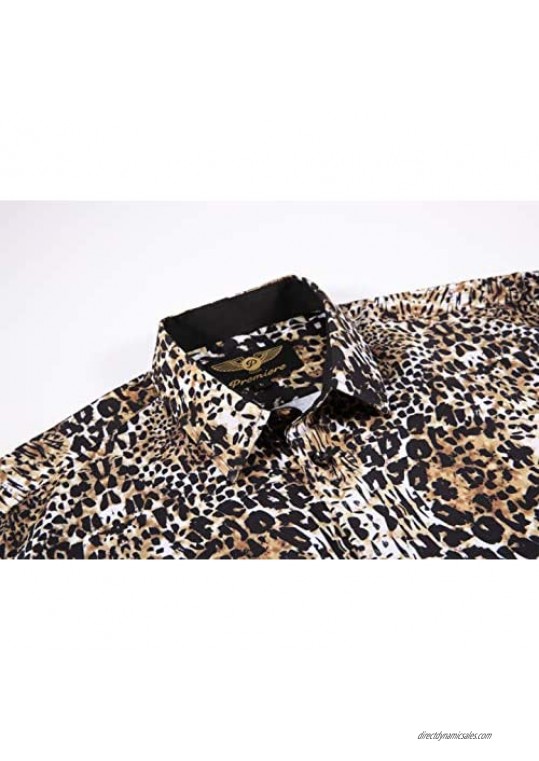 Mens Premiere Long Sleeve Button Down Designer Dress Shirt Brown Leopard Animal Print Design Untucked 117