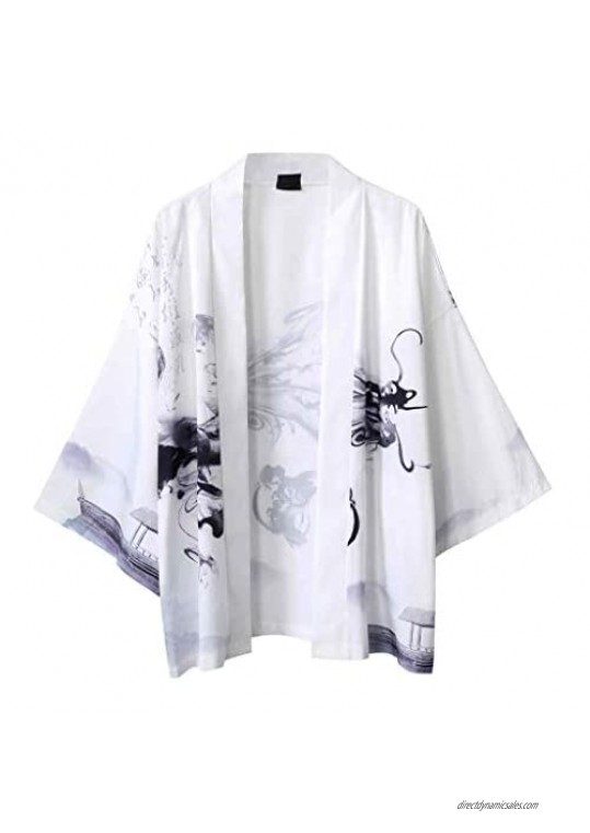 Men's Summer Kimono Japanese Casual Style Cloak Blouse Five Point Sleeves Top