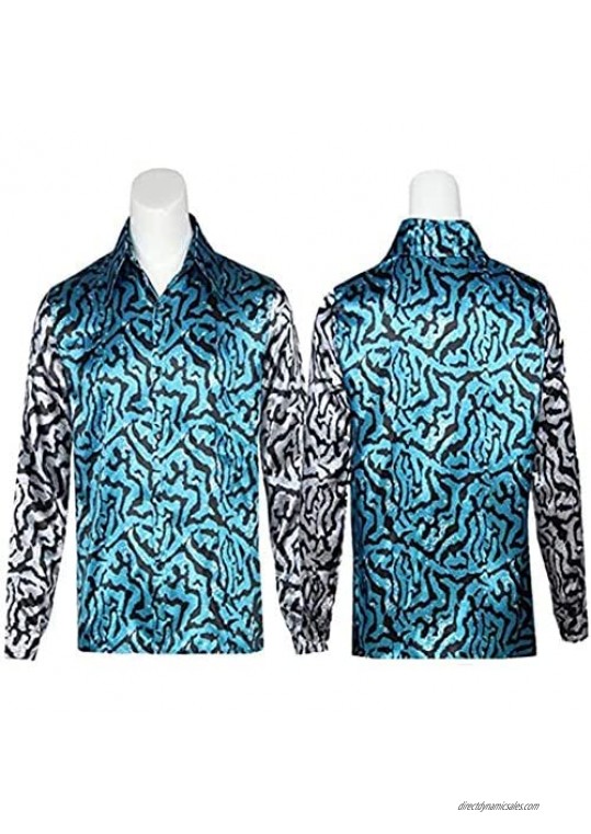 Mens Tiger King Shirt Joe Exotic Shiny Sequins Button Down Dress Shirt(Blue