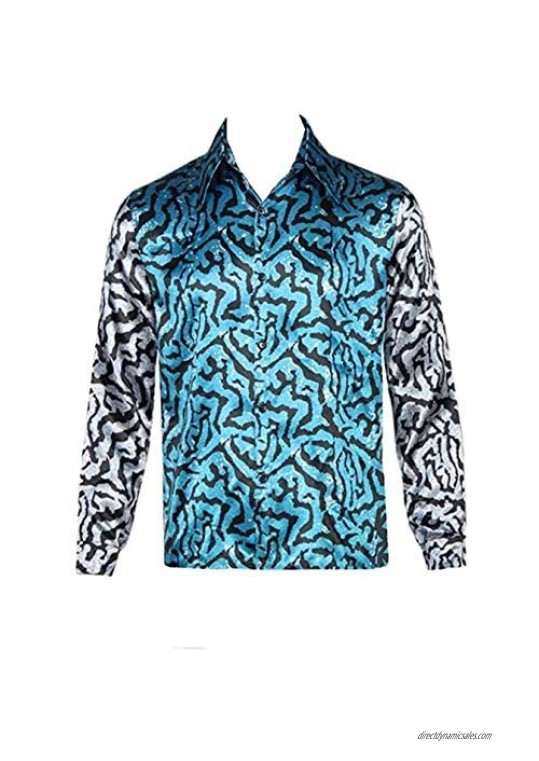 Mens Tiger King Shirt Joe Exotic Shiny Sequins Button Down Dress Shirt(Blue