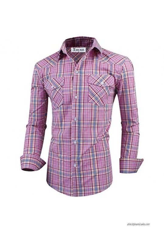 TAM WARE Men's Classic Slim Fit Plaid Long Sleeve Dress Shirt