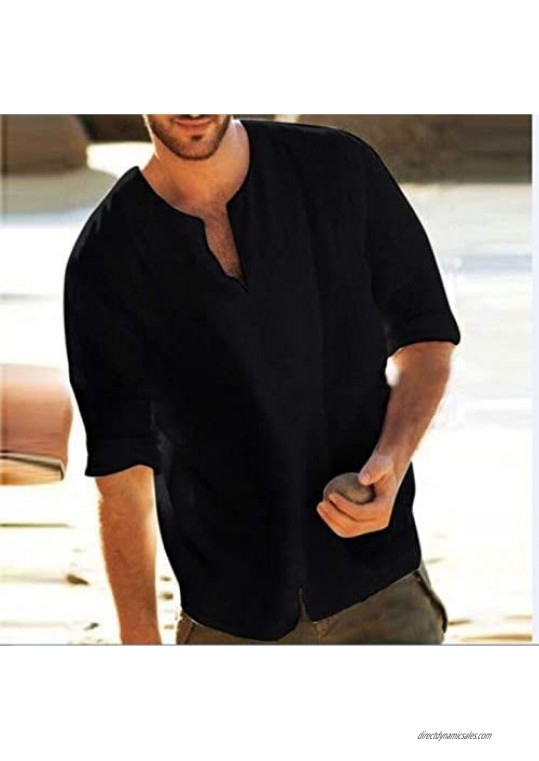 Men's Fashion Cotton Linen Shirts V-Neck Loose Fit Solid Color Summer Top