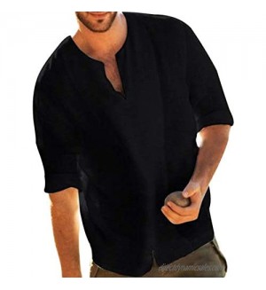 Men's Fashion Cotton Linen Shirts V-Neck Loose Fit Solid Color Summer Top