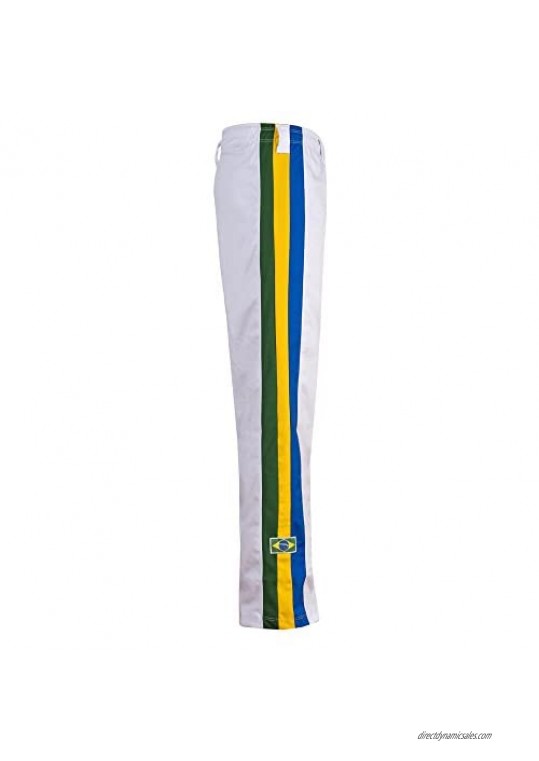 Authentic Brazilian Capoeira Martial Arts Pants - Unisex (White with Brazil National Colors on Vertical Leg Stripes)
