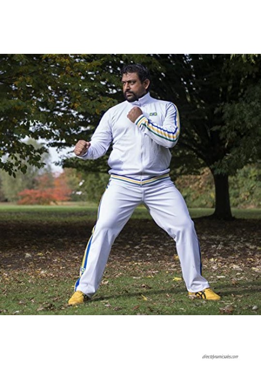 Authentic Brazilian Capoeira Martial Arts Pants - Unisex (White with Brazil National Colors on Vertical Leg Stripes)