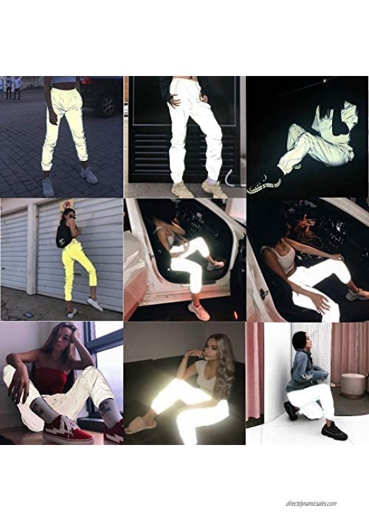 Men Women Rave Reflective Pants Trousers Tapered Dance Jogger Pants Sweatpants with Pockets for Casual Sport Party Festival