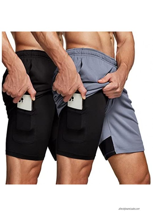 ATHLIO 2 Pack Men's 2 in 1 Running Shorts Quick Dry Mesh Athletic Shorts Gym Training Workout Inner Shorts with Pocket