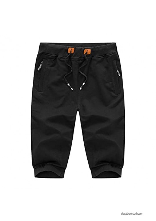 DOBOLY Men’s Capri Shorts 3/4 Joggers Sweatpants Zipper Pockets Running Shorts Workout Gym Shorts