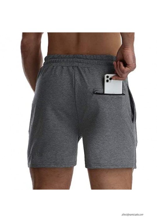 FANYEAH Mens 5 Cotton Running Gym Shorts Workout Fitted Quick Dry Athletic Fitness Jogger Shorts with Zipper Pockets