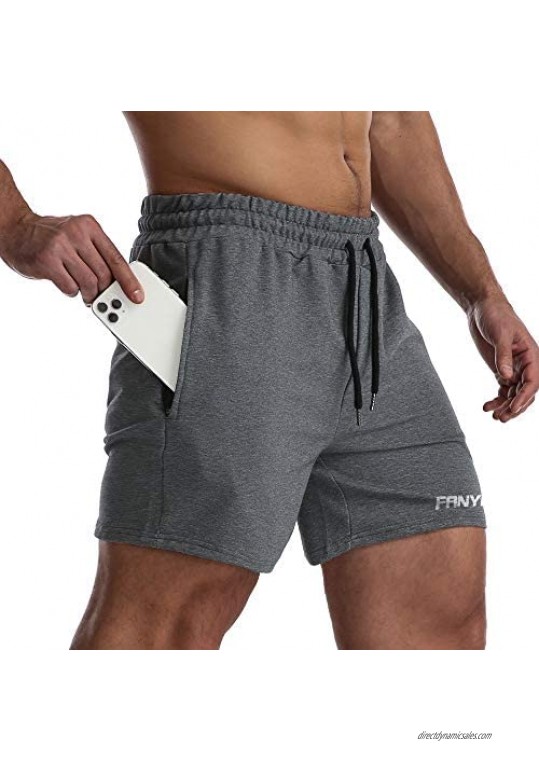 FANYEAH Mens 5" Cotton Running Gym Shorts Workout Fitted Quick Dry Athletic Fitness Jogger Shorts with Zipper Pockets