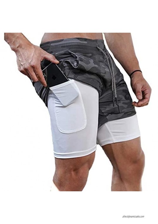 Gafeng Men's 2 in 1 Running Shorts Workout 5 Inch Compression Mesh Gym Training Sport Light Tight Pants with Phone Pocket