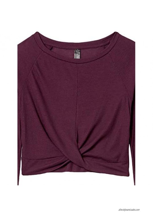 Core 10 Women's Standard Ultra-Lightweight Semi-Sheer Ribbed Knit Knot Front Cropped Long Sleeve Yoga Shirt