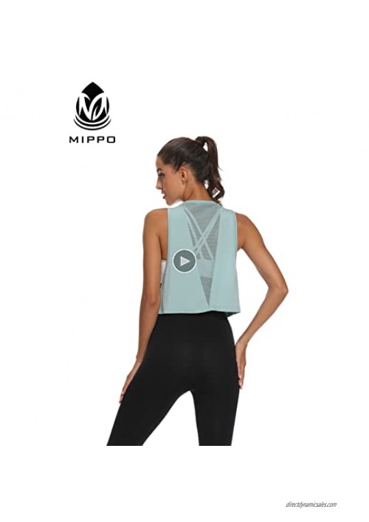 Mippo Workout Tops for Women Cropped Muscle Tank Flowy Mesh Athletic Gym Shirts