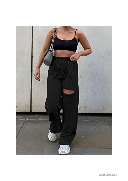 ANRABESS Women's Casual Comfy Drawstring Ripped Pants High Waist Long Wide Leg Sweatpants with Pockets