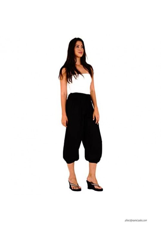 SHU-SHI Womens Boho Harem Capris Pants Trousers Elastic Waist Loose Side Pocket