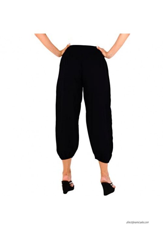 SHU-SHI Womens Boho Harem Capris Pants Trousers Elastic Waist Loose Side Pocket