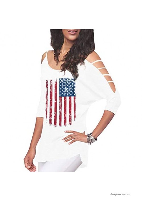 4th of July Shirts Women American Flag Tops Cold Shoulder Patriotic USA Blouse Tee