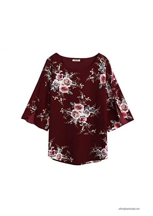 ACEVOG Womens Casual Scoop Neck Loose Top 3/4 Sleeve Chiffon Blouse Shirt Tops (XXL Burgundy Floral)