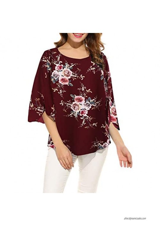 ACEVOG Womens Casual Scoop Neck Loose Top 3/4 Sleeve Chiffon Blouse Shirt Tops (XXL Burgundy Floral)