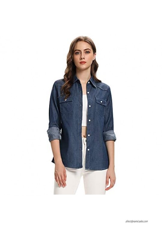 Aeslech Women's Denim Shirt  Long Sleeve Button Down Cotton Blouse  Lightweight Jeans Tunic Top