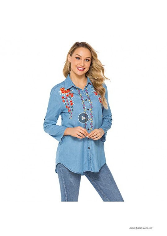 AK Women's Mexican Embroidered Long Sleeve Button Down Collared Denim Shirts Elegant Work Blouses Tops