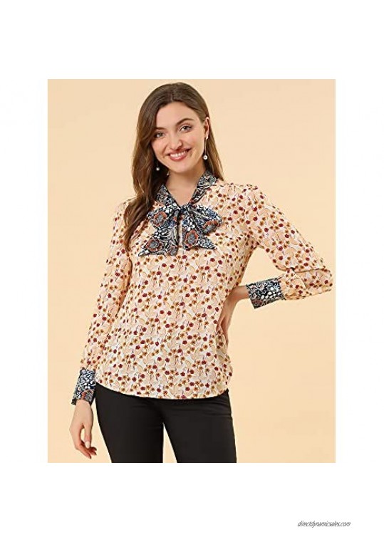 Allegra K Women's Boho Floral Printed Shirts V Neck Pussy Bow Blouse Top