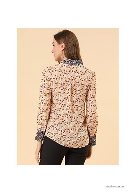 Allegra K Women's Boho Floral Printed Shirts V Neck Pussy Bow Blouse Top