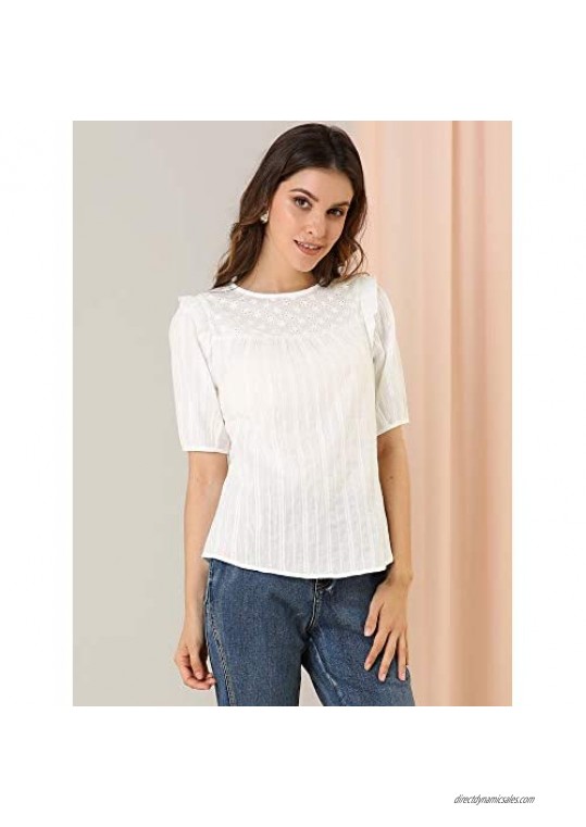 Allegra K Women's Cotton Frilled Blouses Solid Round Neck Short Sleeve Shirt Top