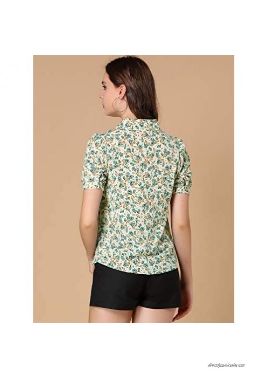 Allegra K Women's Vintage Floral Blouse Turndown Collar Keyhole Neck Puff Short Sleeve Chiffon Elegant Shirt