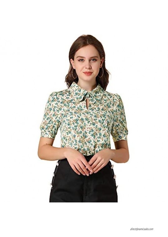 Allegra K Women's Vintage Floral Blouse Turndown Collar Keyhole Neck Puff Short Sleeve Chiffon Elegant Shirt