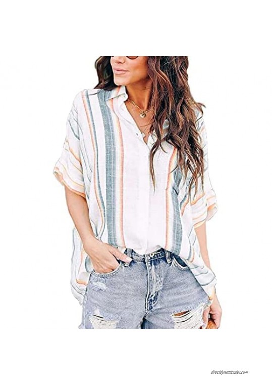 Astylish Women V Neck Shirts Long Sleeve Blouse Roll Up Cuffed Casual Work Tops