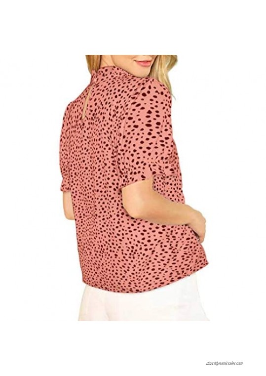 Avanova Women's Puff Short Sleeve Mock Neck Leopard Print Casual Blouse Tops Elegant Work Shirt