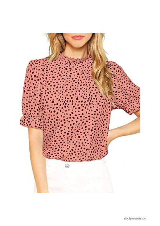 Avanova Women's Puff Short Sleeve Mock Neck Leopard Print Casual Blouse Tops Elegant Work Shirt