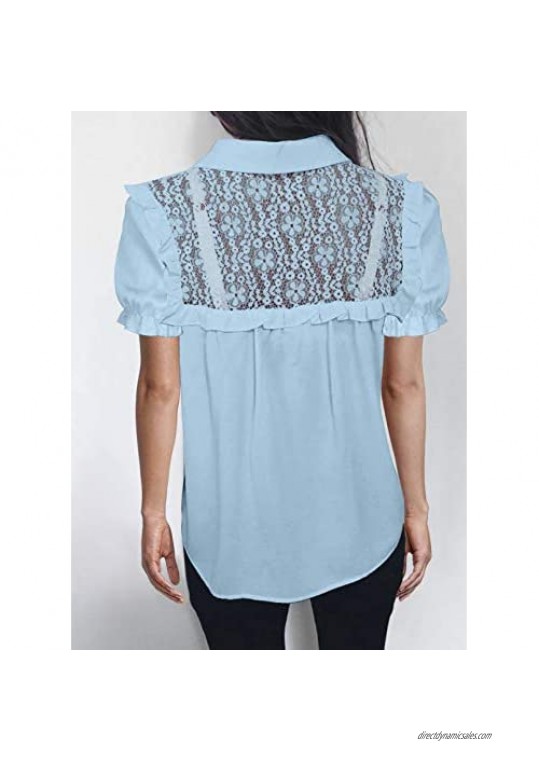 Azokoe Womens V Neck Lace Crochet Shirts Casual Button Down Blouses Tops