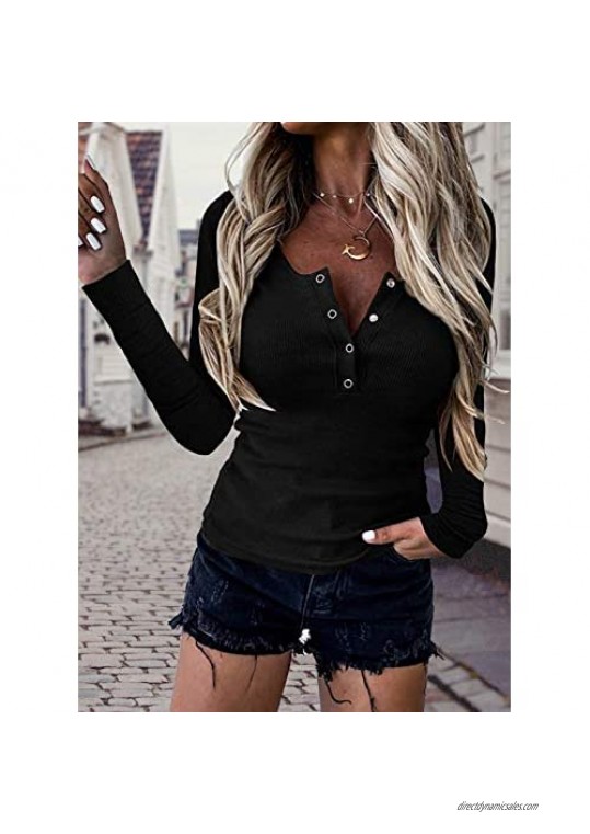 BTFBM Women Long Sleeve V Neck Button Up Solid Tops Blouses Trendy Slim Fit Lace Sleeves Ribbed Knit Casual Shirts Tunic
